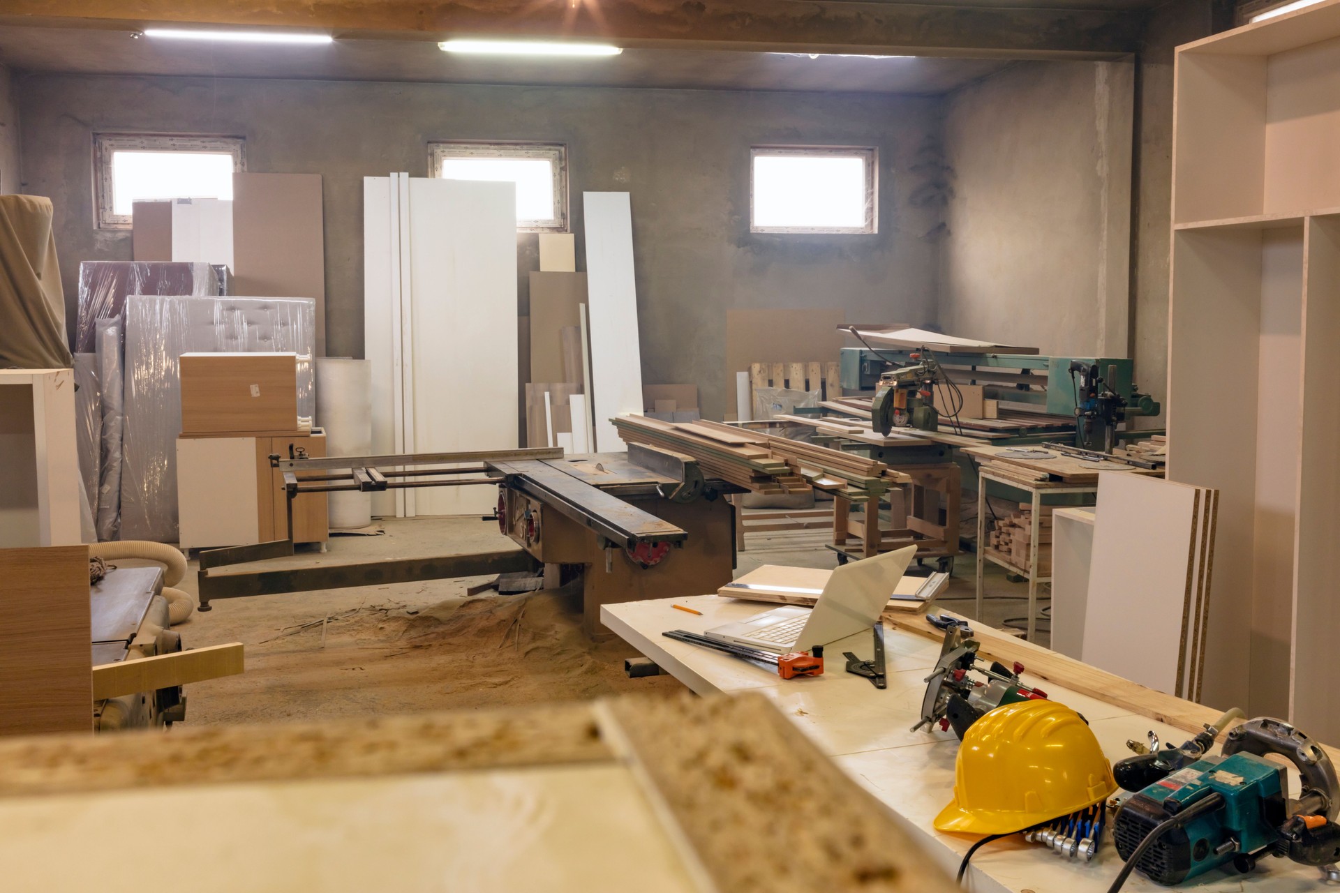 Carpentry workshop interior, joinery shop with tools equipment for woodwork