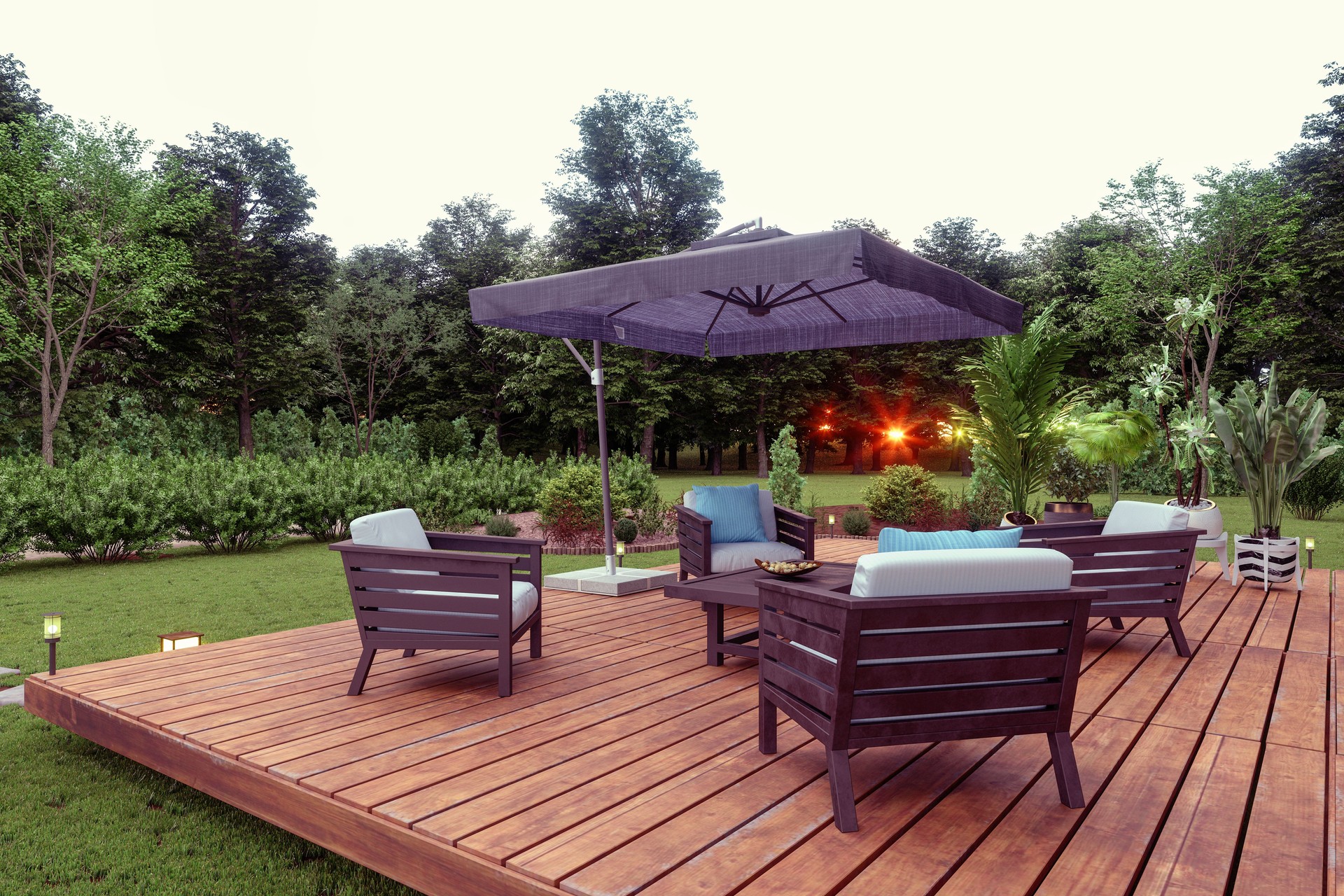 Patio With Wooden Seats, Coffee Table And Sunshade In The Garden with Sunset View Background.